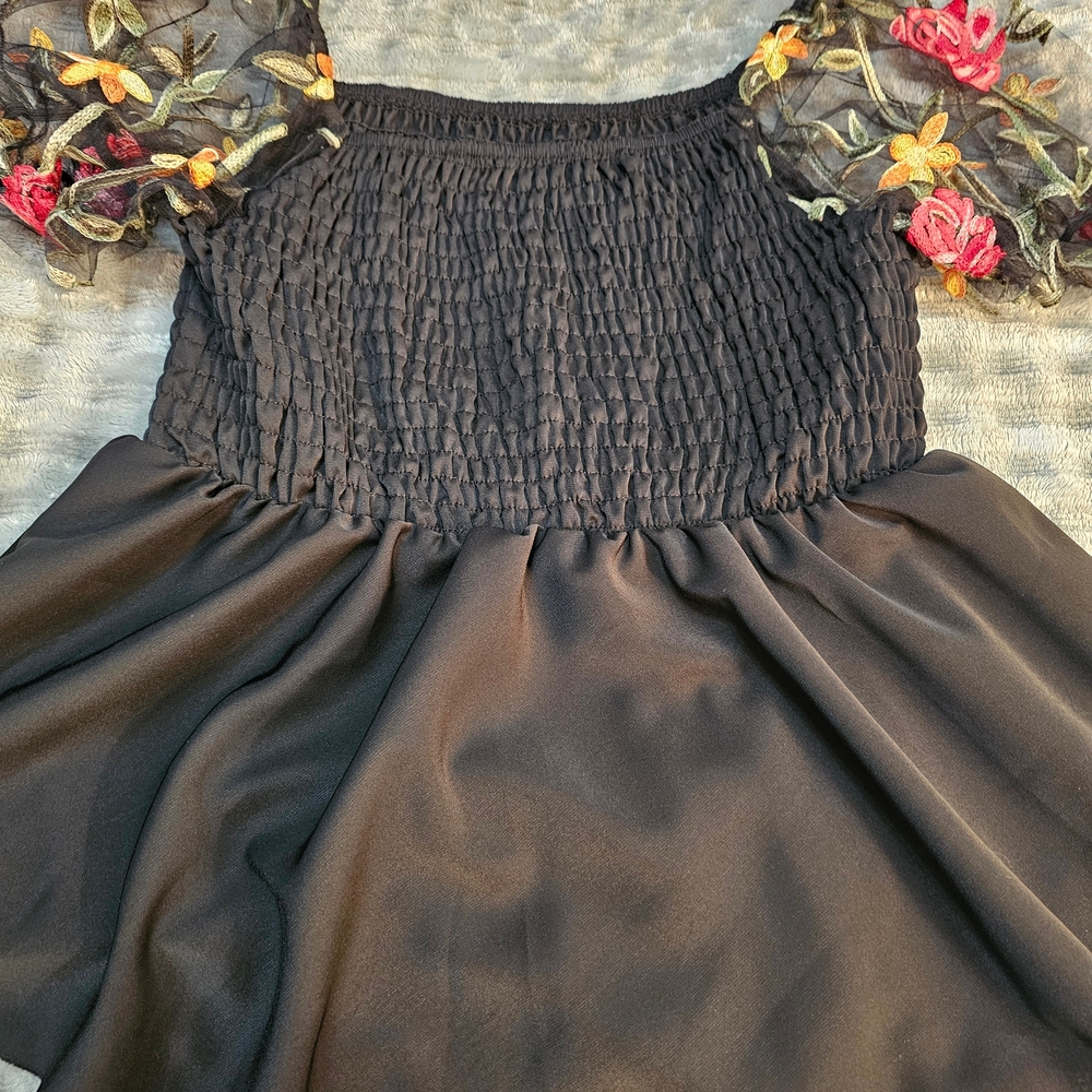 SHEIN Black Blouse with Floral Embroidered Sleeves